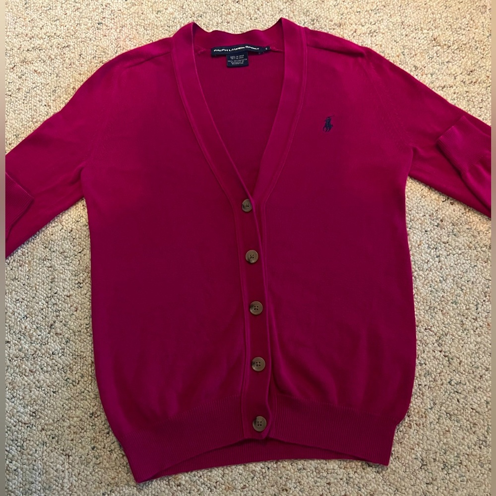 VINTAGE💖 RALPH LAUREN SPORT WOMENS DARK FUSCIA PINK BUTTON DOWN SWEATER SIZE S